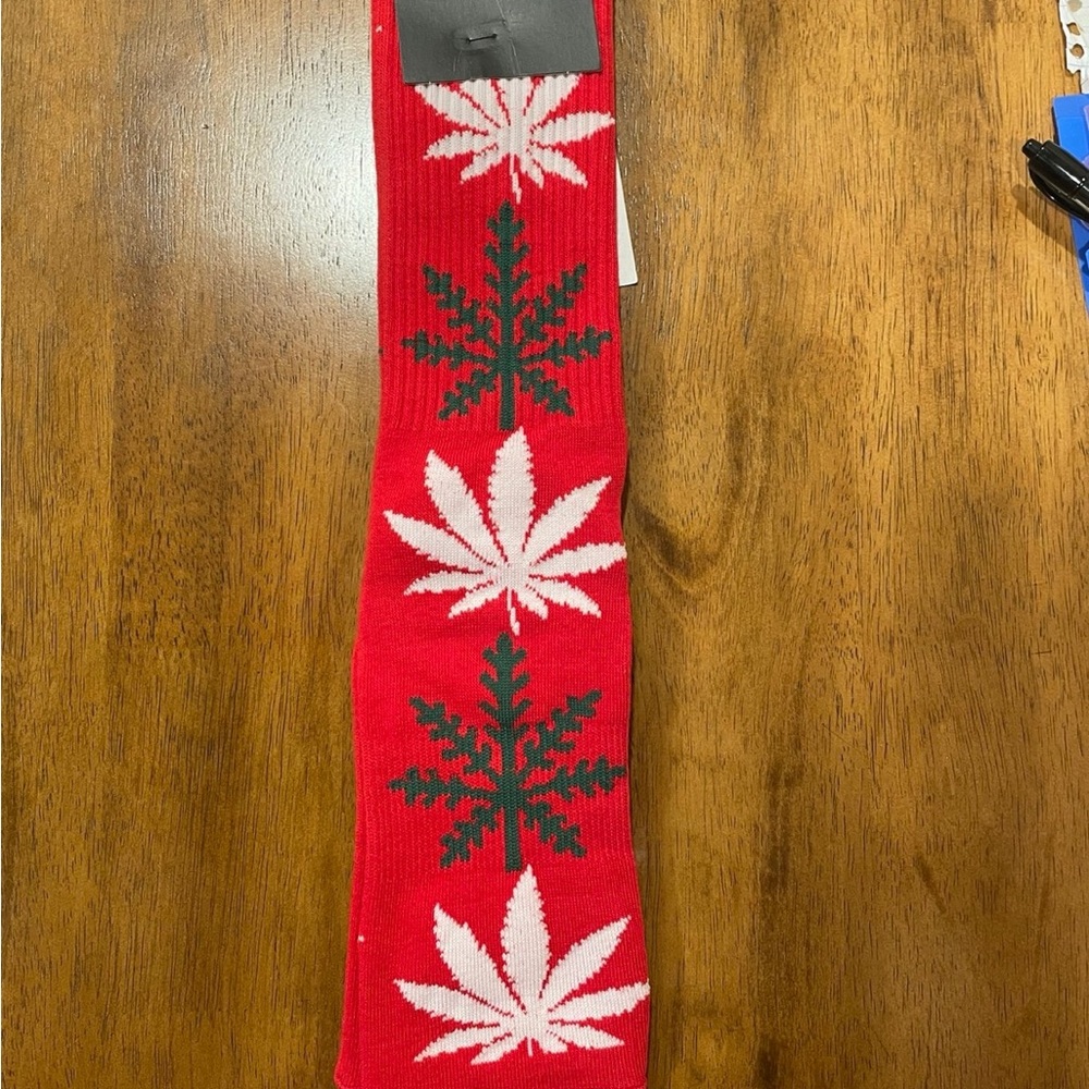 Red Socks with Leaf Pattern